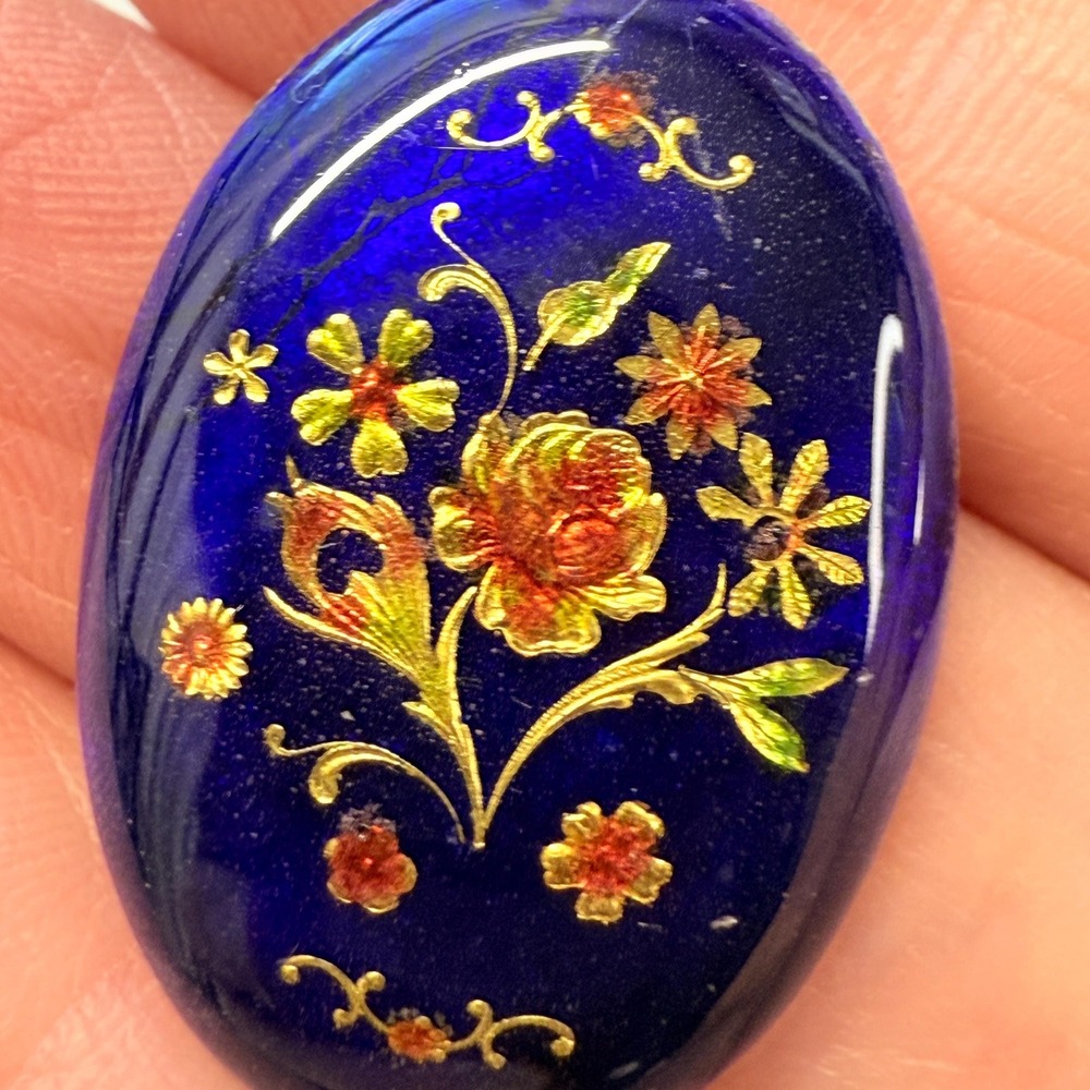 Antique French Oval Cobalt Blue Enamel Floral Cabochon Victorian Jewelry